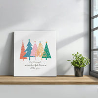 Wonderful Time of the Year Quote Wall Art, Christmas Trees Square Canvas, Whimsical Holiday Doodle Canvas Print, Rustic Winter Wall Decor