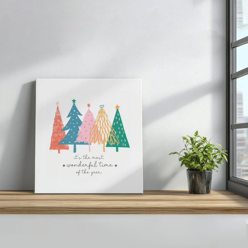 Wonderful Time of the Year Quote Wall Art, Christmas Trees Square Canvas, Whimsical Holiday Doodle Canvas Print, Rustic Winter Wall Decor