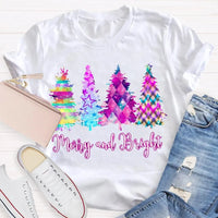 Colorful Tie-Dye Holiday T-Shirt, Merry and Bright Christmas Tree Shirt, Retro Christmas Graphic Tee, Festive Holiday Season Shirt