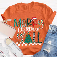 Colorful Christmas Tree Typography Tee, Merry Christmas Y'all Shirt, Southern Holiday Graphic T-Shirt, Family Xmas Apparel Present