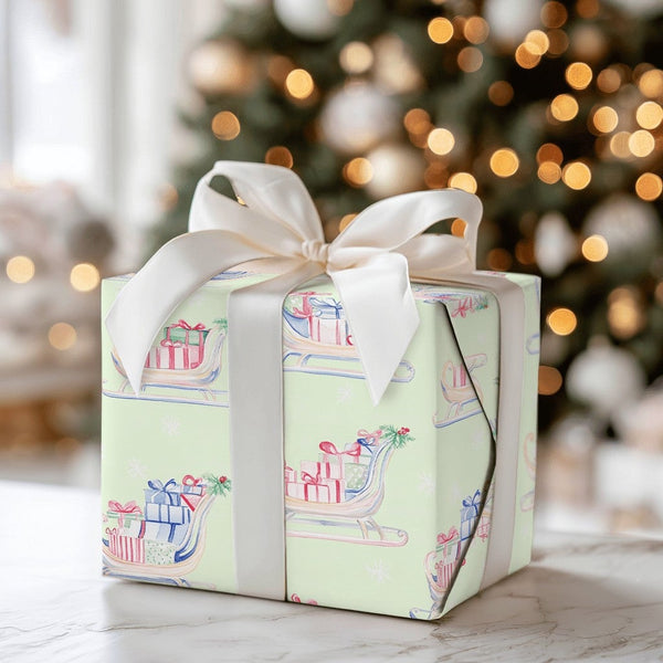Pastel Christmas Sleigh Gift Wrap, Watercolor Sleigh Wrapping Paper, Holiday Presents Wrapping Paper, Winter Present Packagin