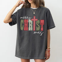 Christian Merry Christmas T-Shirt, Checkered Cross Christmas Shirt, Religious Holiday Graphic Tee, Retro Faith Christmas Shirt, Xmas Present