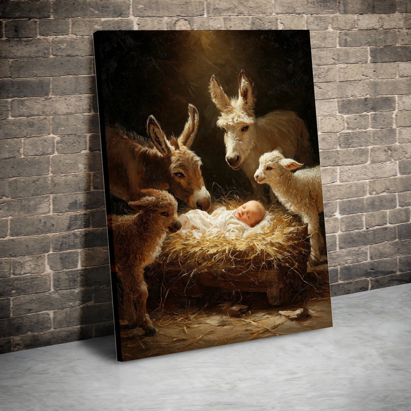Baby Jesus Nativity Wall Art, Nativity Scene Canvas Print, Christian Donkey Lamb Canvas, Religious Christmas Wall Decor, Holiday Faith Present