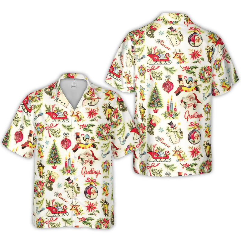 Retro Santa Snowman Aloha Shirt, Vintage Christmas Hawaiian Shirt, Winter Holiday Season Beach Button Up, Xmas Party Present for Men