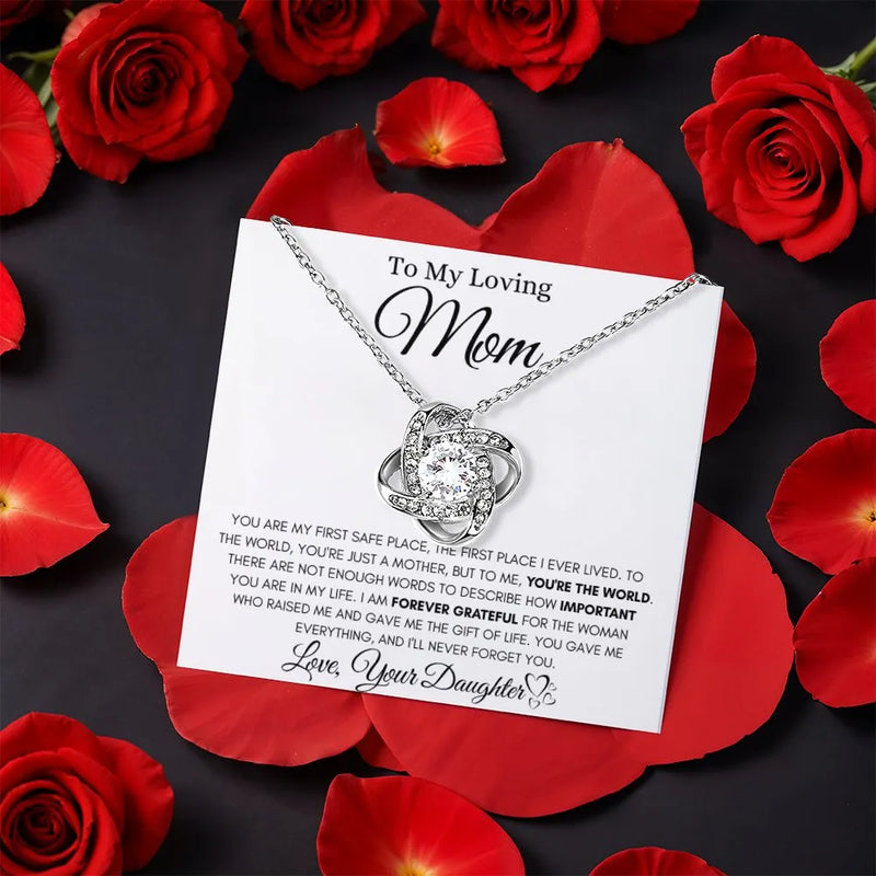 Mother Daughter Necklace, Love Knot Necklace for Mom, White Gold Love Knot Necklace, Message Card Jewelry, Birthday Christmas Present