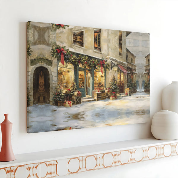 Snowy Storefront Holiday Wall Art, European Christmas Village Canvas, Vintage Winter Town Canvas Print, Comfy Xmas Street Sce