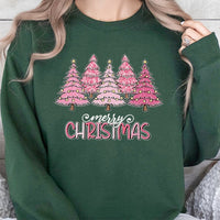 Merry Christmas Graphic Crewneck, Pink Leopard Christmas Tree Sweatshirt, Preppy Holiday Tree Pullover, Adorable Xmas Sweater