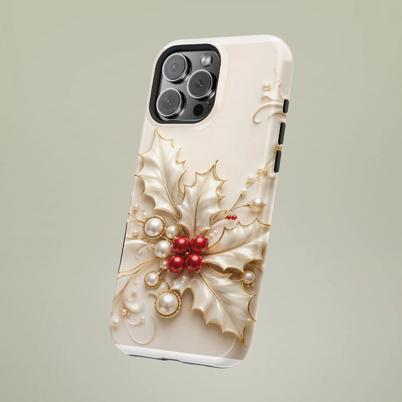 Elegant Christmas Holly iPhone Cover, Holly Berry Pearl Phone Case, Gold Pearl Holiday Phone Case, Festive Winter Holly Case