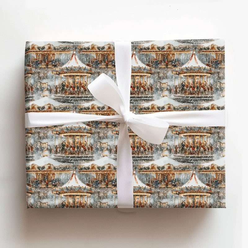 Snowy Carnival Christmas Gift Wrap, Vintage Winter Carousel Wrapping Paper, Nostalgic Holiday Wrapping Paper, Festive Winter Fair Gift Wrap