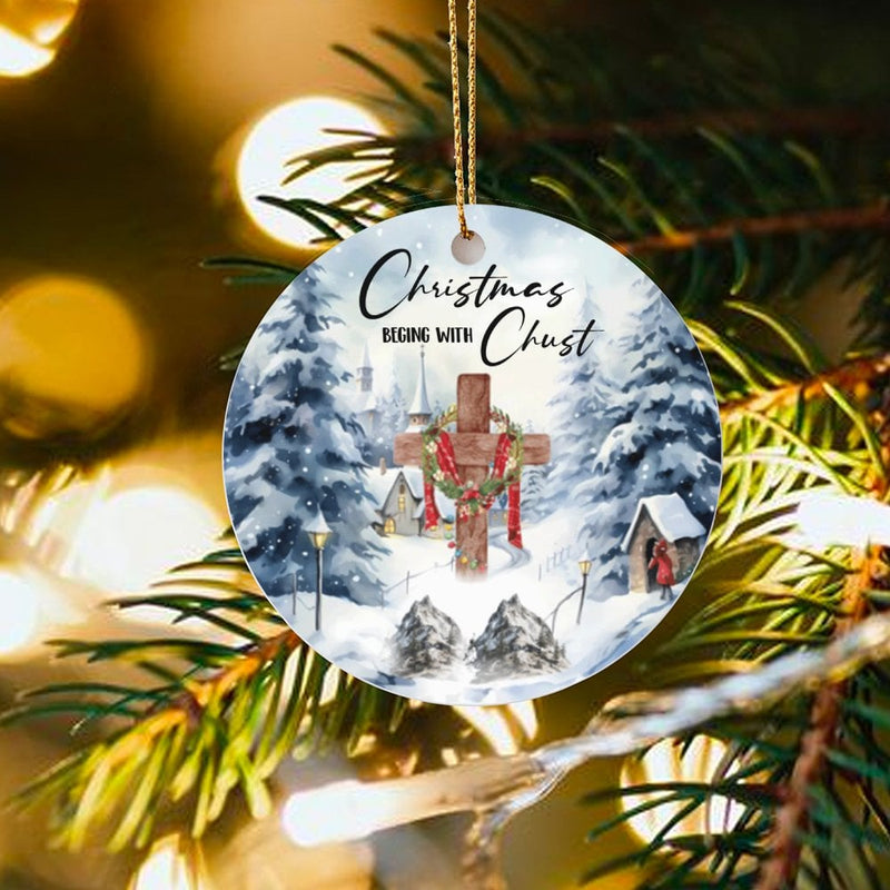 Religious Cross Tree Ornament, Christmas Begins with Christ Ornament, Snowy Village Ceramic Ornament, Christian Holiday Keepsake Decor Present