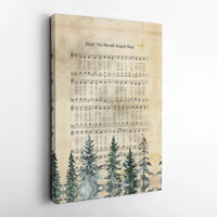 Vintage Christmas Carol Sheet Music Canvas Print, Hark the Herald Angels Sing Canvas Wall Art, Religious Pine Tree Wall Decor Present Art
