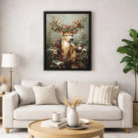 Festive Woodland Stag Portrait Print, Christmas Deer Canvas Wall Art, Holly Berries Pinecones Canvas, Holiday Art Digital Download
