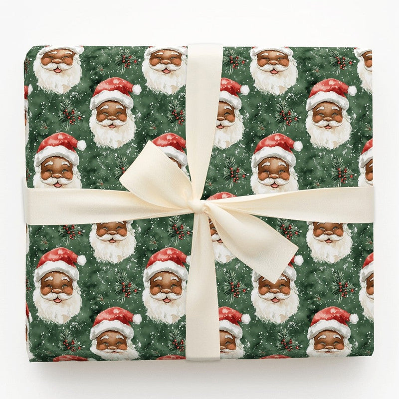 Watercolor Santa Claus Gift Wrap, Black Santa Wrapping Paper, Inclusive Christmas Present Paper, African American Santa Holiday Gift Wrap