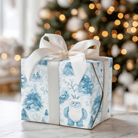 Adorable Abominable Snowman Gift Wrap Roll, Yeti Christmas Wrapping Paper, Blue Winter Forest Present Paper, Whimsical Holiday Gift Wrapping