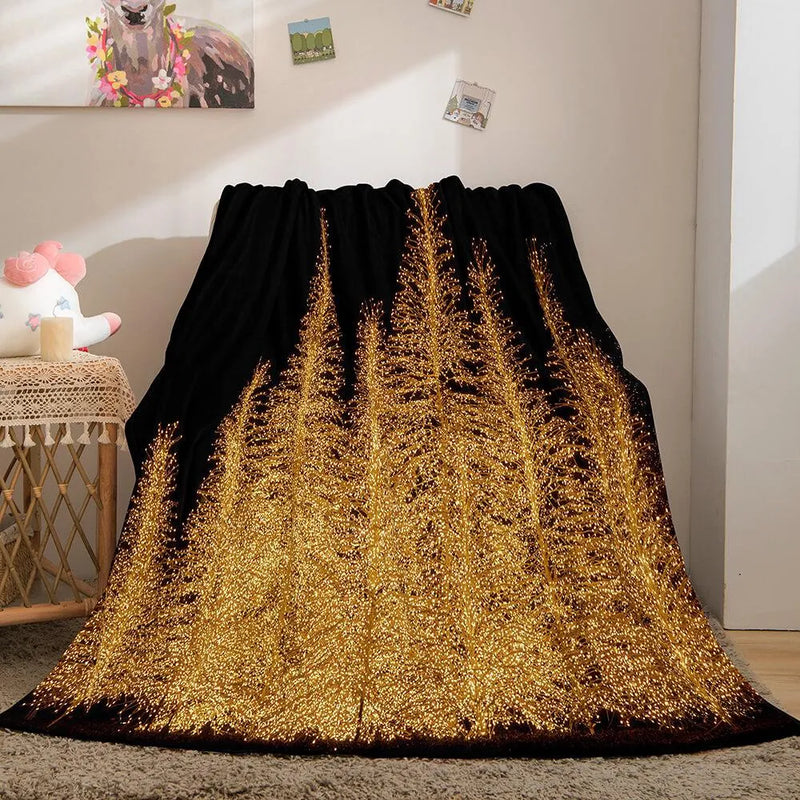 Sparkling Forest Holiday Blanket, Golden Christmas Trees Throw Blanket, Black Gold Xmas Tree Fleece Blanket, Winter Home Decor Comfy Blanket
