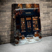 Snowy Winter Shop Canvas Print, Christmas Bookstore Canvas Wall Art, Comfy Holiday Bookshop Wall Decor, Festive Winter Canvas, Bookish Present