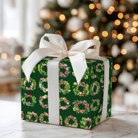 Floral Holiday Gift Wrap, Watercolor Christmas Wreath Wrapping Paper, Dark Green Botanical Wrapping Paper, Festive Winter Present Wrap Roll