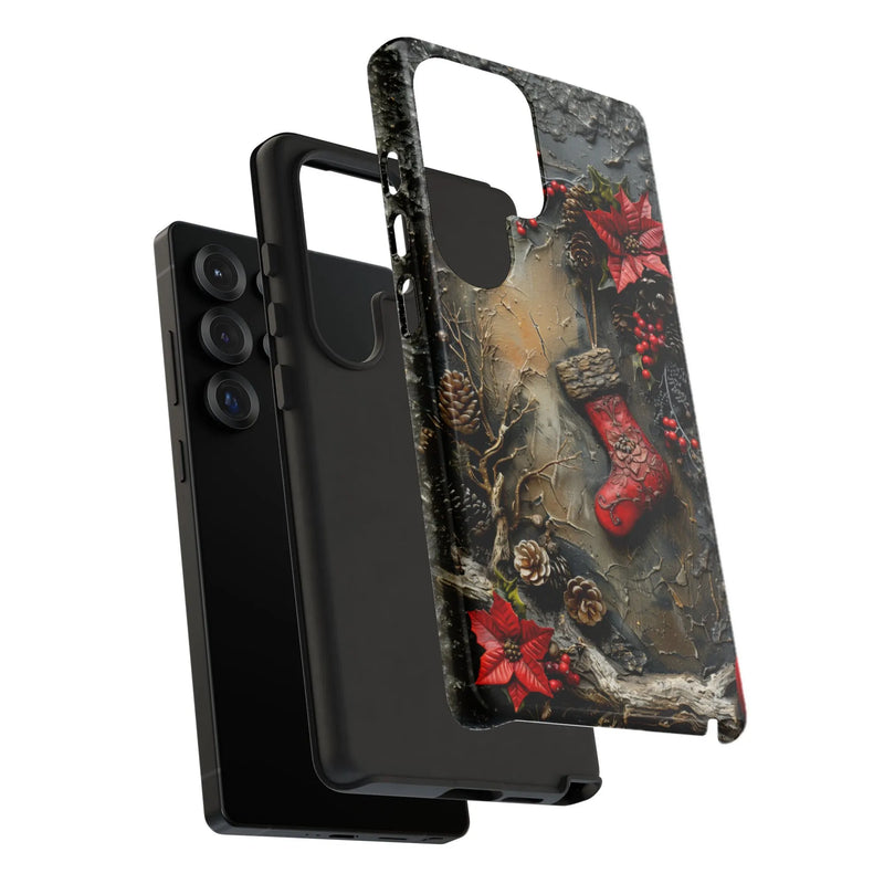 Vintage Poinsettia Floral Holiday Phone Case, Rustic Christmas Stocking Samsung Galaxy Case, Dual Layer Festive Winter Tough Case
