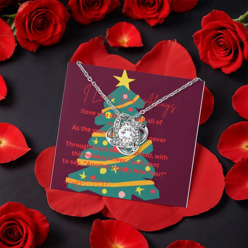 Holiday Message Card Pendant, Christmas Love Knot Necklace, Cubic Zirconia Love Knot Necklace, Romantic Wife Necklace, Present for Girlfriend