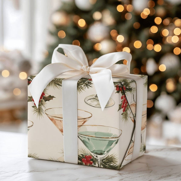 Pink and Teal Cocktail Gift Wrap, Christmas Martini Wrapping Paper, Retro Holiday Drinks Wrapping Paper, Festive Pine and Hol