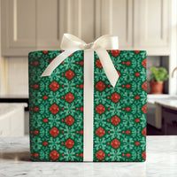 Folk Art Christmas Gift Wrap, Red Poinsettia Wrapping Paper, Vintage Floral Holiday Wrapping Paper, Botanical Xmas Gift Wrapping Paper