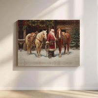 Western Christmas Wall Art, Cowboy Santa Canvas Print, Rustic Barn and Horses Canvas, Holiday Country Wall Decor, Western Holiday Art Present
