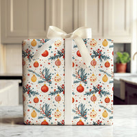 Pine Bough Christmas Gift Wrap, Watercolor Ornaments Wrapping Paper, Festive Holiday Wrapping Paper, Traditional Xmas Present Paper Roll