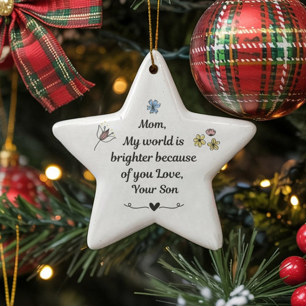 Star Ceramic Ornament, Mom Christmas Ornament, Present for Mom from Son, Glossy Ceramic Keepsake, Christmas Tree Star Ornamen
