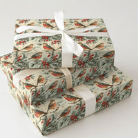 Winter Bird Botanical Gift Wrap, Vintage Robin Christmas Wrapping Paper, Pine Holly Berry Wrapping Paper, Rustic Holiday Present Wrap