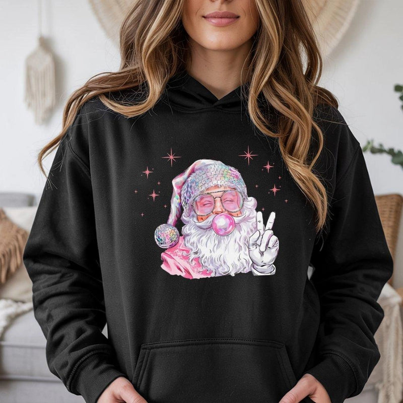 Retro Bubblegum Santa Claus Hoodie, Disco Santa Hoodie, Adorable Christmas Graphic Hoodie, Festive Holiday Pullover Sweatshirt, Present for Her