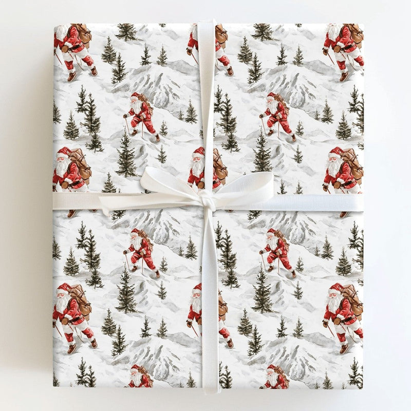 Mountain Expedition Christmas Gift Wrap, Hiking Santa Wrapping Paper, Watercolor Outdoor Santa Claus Present Paper, Rustic Winter Holiday Roll