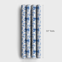 Vintage Christmas Gift Wrap, Blue and White Santa Toile Wrapping Paper, French Toile Holiday Wrapping Paper, Winter Forest Gift Wrap Roll