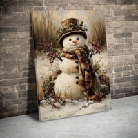 Vintage Winter Holiday Canvas Wall Art, Rustic Snowman Canvas Print, Farmhouse Christmas Canvas Painting, Festive Seasonal Decor Present