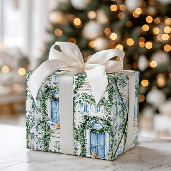 Watercolor Dog Blue Door Gift Wrap, Corgi Noel Christmas Wrapping Paper, Holiday Puppy Wrapping Paper, Pet Lover Winter Prese