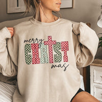 Checkered Holiday Cross Graphic Sweater, Merry Christmas Cross Sweatshirt, Christian Faith Christmas Crewneck, Religious Xmas Pullover