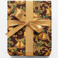 Elegant Holly Berry Wrapping Paper, Golden Bells Christmas Wrapping Paper, Classic Holiday Gift Wrap, Luxury Winter Present Wrapping Paper