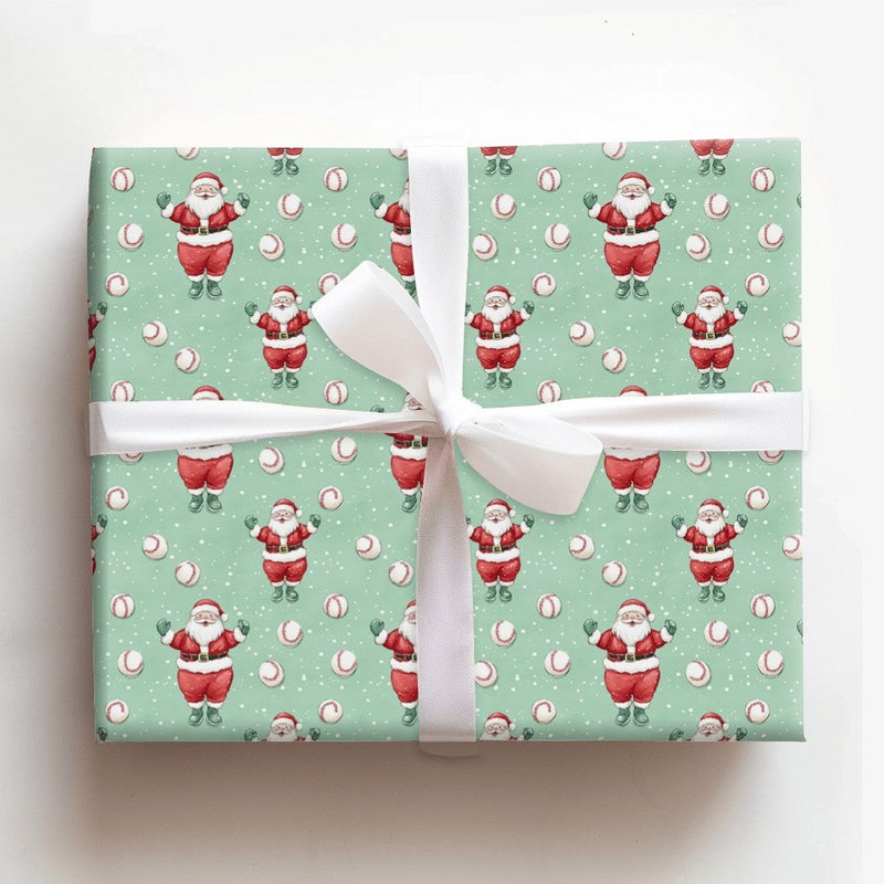 Baseball Christmas Gift Wrap, Mint Green Baseball Santa Wrapping Paper, Baseball Holiday Wrapping Paper, Sports Santa Xmas Gift Wrap Roll