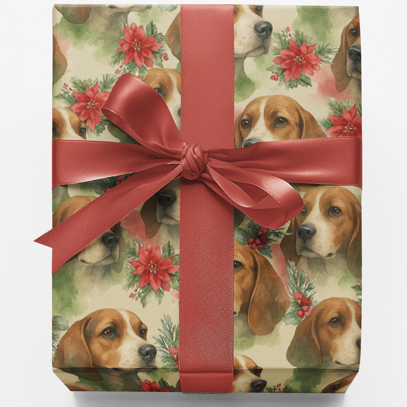 Watercolor Hound Dog Poinsettia Gift Wrap, Beagle Christmas Wrapping Paper, Festive Pet Holiday Wrapping Paper, Dog Lover Xmas Wrap