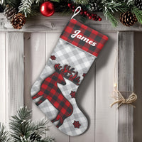 Rustic Plaid Holiday Stocking, Buffalo Plaid Reindeer Christmas Stocking, Personalized Christmas Stocking, Custom Family Fireplace Decor