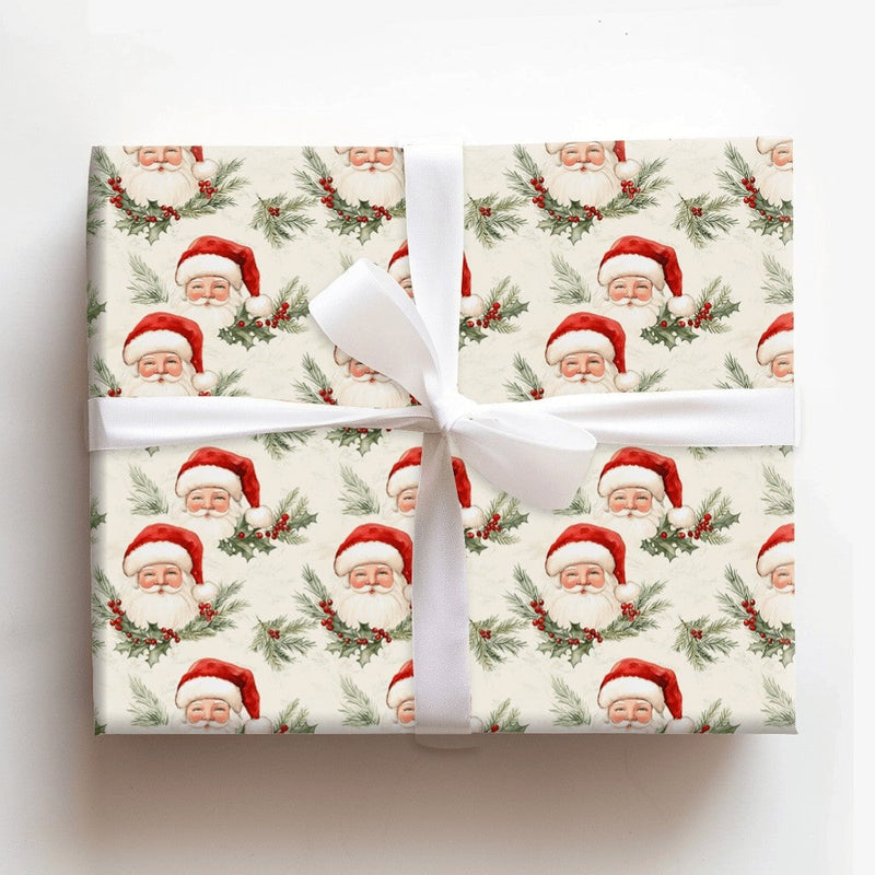 Classic Santa Claus Christmas Gift Wrap, Vintage Santa Wrapping Paper, Retro Watercolor Santa Wrapping Paper, Holiday Holly Gift Wrap Roll