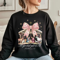 Coquette Pink Bow Manger Sweatshirt, Nativity Christmas Sweatshirt, Adorable Christian Holiday Crewneck, Religious Faith Graphic Winter Sweater