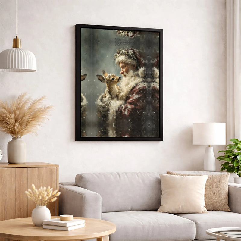 Vintage Christmas Painting Canvas Print, Santa Claus with Baby Deer Canvas, Holiday Deer Canvas Art, Winter Seasonal Wall Decor Present