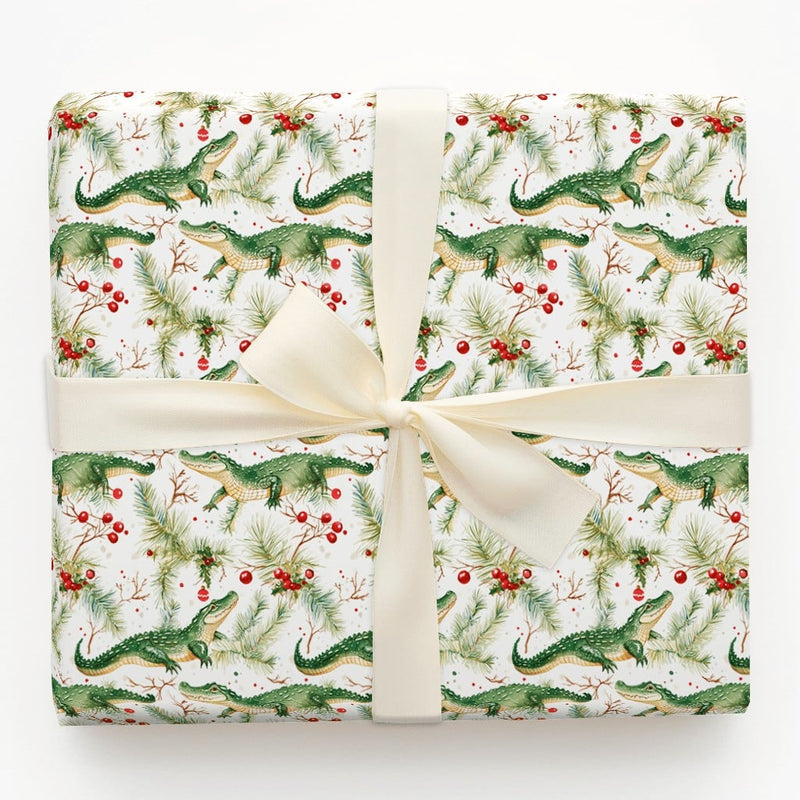 Gator Holiday Gift Wrap, Alligator Christmas Wrapping Paper, Winter Reptile Wrapping Paper, Pine Holly Gift Wrap, Adorable Gator Wrapping Paper