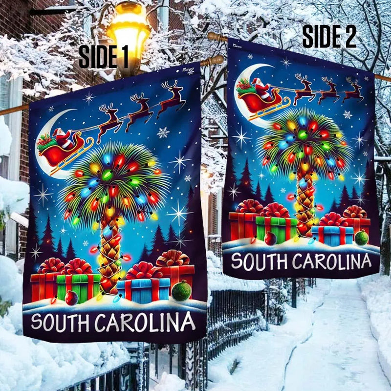 Santa Sleigh Palmetto Tree Yard Flag, South Carolina Christmas Garden Flag, Double-Sided SC State Flag, Holiday Lawn Decor Present