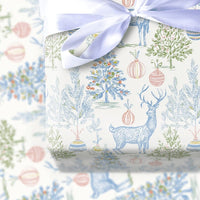 Vintage Toile Holiday Gift Wrap, Blue Reindeer Toile Christmas Wrapping Paper, Elegant Deer Tree Gift Wrapping Paper, Winter Present Paper