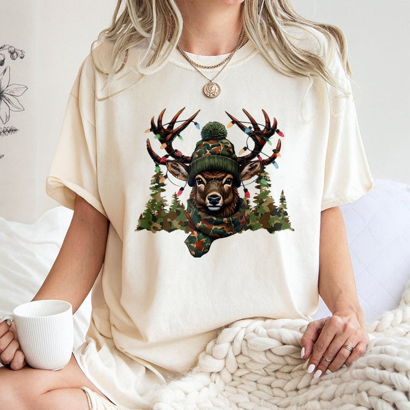 Camo Deer with Lights Shirt, Christmas Deer Hunting T-Shirt, Winter Hunter Holiday Graphic Tee, Festive Camouflage Deer T-Shirt, Hunter Present