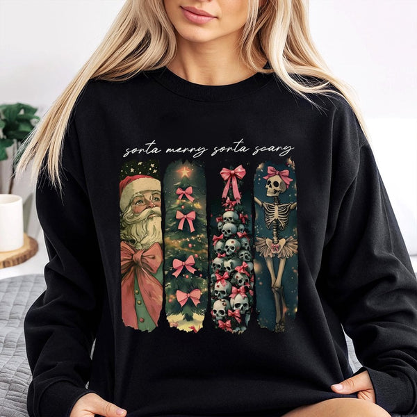 Skeleton Santa Sweatshirt, Sorta Merry Sorta Scary Christmas Sweatshirt, Spooky Holiday Sweatshirt, Retro Xmas Crewneck, Ador