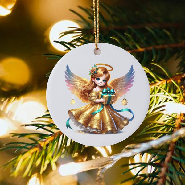 Gold Dress Guardian Angel Ornament, Christmas Angel Ornament, Whimsical Holiday Tree Decor, Ceramic Religious Keepsake, Faith