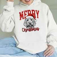 Santa Hat Dog Holiday Hoodie, Labradoodle Merry Christmas Hoodie, Adorable Puppy Christmas Hoodie, Dog Lover Pullover Sweatshirt, Dog Mom Present