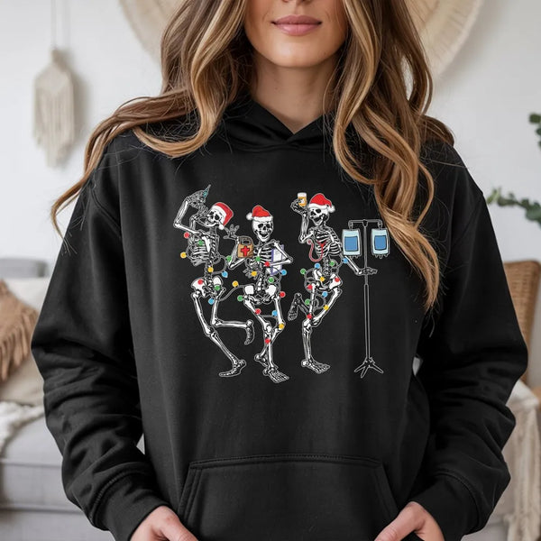 Humorous Medical Santa Skeleton Hooded Sweatshirt, Dancing Skeleton Nurse Christmas Hoodie, Healthcare Holiday Hoodie, Nurse 